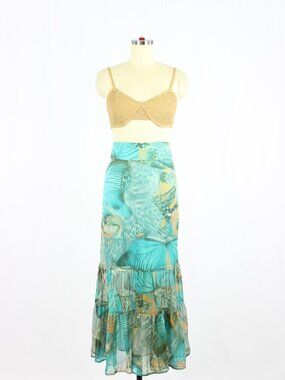 Vintage 00's APRIORI Y2K Teal Butterfly 100% Silk Flounce Fairy Skirt, Size 10